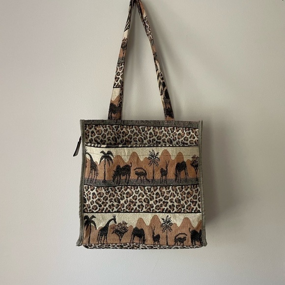 Vintage 80s Safari Animal Print tapestry tote bag vacation beach resort travel - Picture 5 of 12